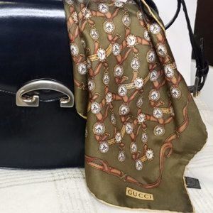 GUCCI Vintage OlivevGreen Silk Wrist Watch Clock Scarf Handkerchief